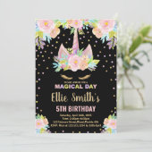 5e Bloemen Zwarte Eenhoorn Verjaardag Uitnodiginge Kaart (Staand voorkant)