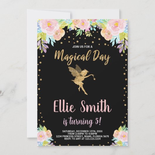 5e bloemige roze magische fee verjaardagsuitnodigi kaart (Voorkant)