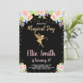 5e bloemige roze magische fee verjaardagsuitnodigi kaart (Staand voorkant)