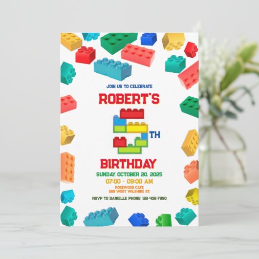 5e Blokken Uitnodiging, Bouwstenen Verjaardag Kaart (Staand voorkant)