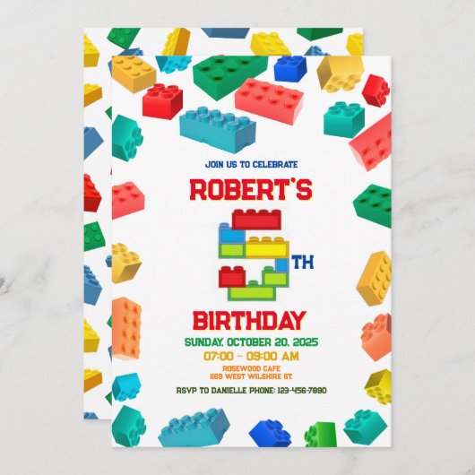 5e Blokken Uitnodiging, Bouwstenen Verjaardag Kaart (Voorkant / Achterkant)