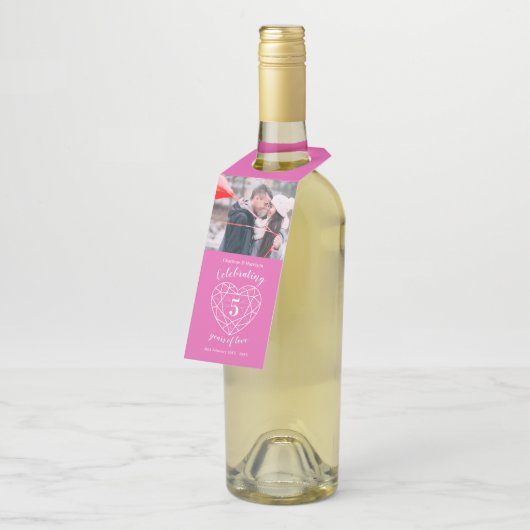 5e bruiloft Jubileum foto roze edelsteen hart Flessenhanger (Schuin)