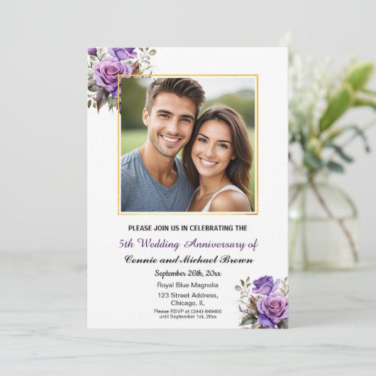 5e bruiloft Jubileum Goud Lijst Paarse Rozen Kaart (Staand voorkant)