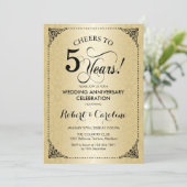 5e bruiloft Jubileum - Zwart Goud Damask Kaart (Staand voorkant)