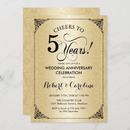 5e bruiloft Jubileum - Zwart Goud Damask Kaart (Voorkant / Achterkant)