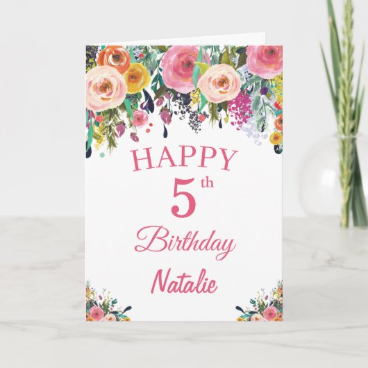 5e geboortedag Waterverf Floral Flowers Pink Card Kaart (Voorkant)