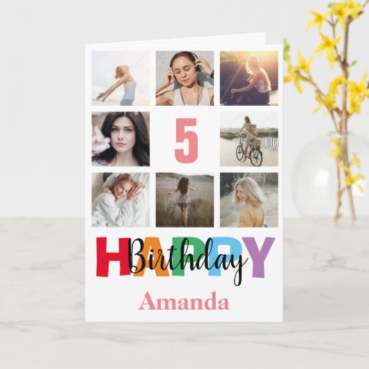 5e Gelukkige Verjaardag Fotocollage Modern Roze Kaart (Gele Bloem)