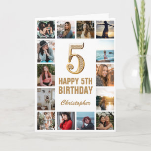 5e Happy Birthday Gold en White Photo Collage Kaart