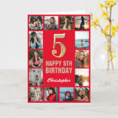 5e Happy Birthday Red en Gold Photo Collage Kaart (Gele Bloem)
