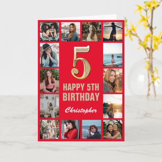 5e Happy Birthday Red en Gold Photo Collage Kaart (Gele Bloem)