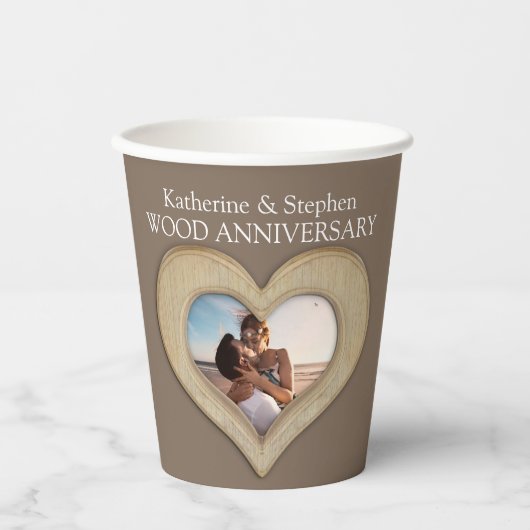 5e houten bruiloft hartfoto bruin papieren bekers (Voorkant)