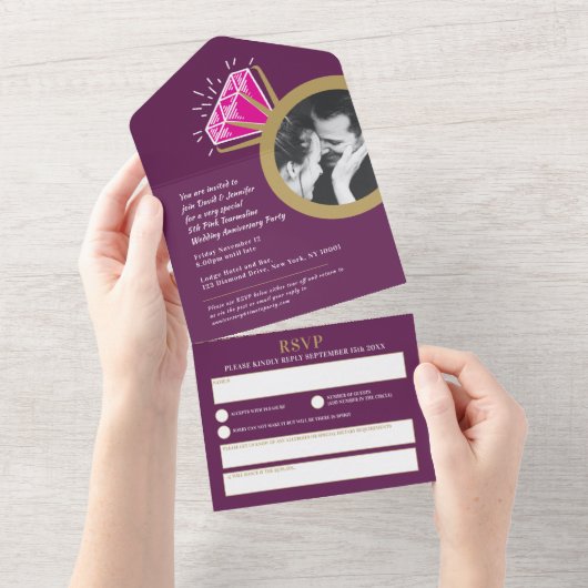 5e huwelijksjubileumfeest roze toermalijn all in one uitnodiging (Afscheurbaar)