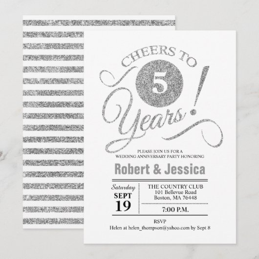 5e huwelijksjubileumfeest - Zilver Wit Kaart (Voorkant / Achterkant)