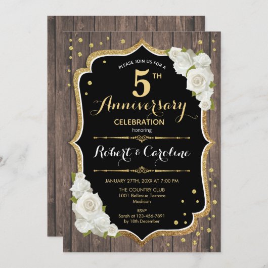 5e Jubileum Uitnodiging - Rustisch Hood Gold (Voorkant / Achterkant)