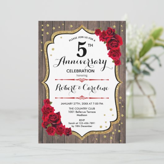 5e Jubileum Uitnodiging - Wood Gold Red (Staand voorkant)