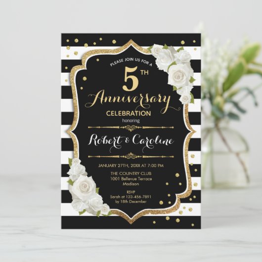 5e Jubileum Uitnodiging - Zwart Wit Goud (Staand voorkant)