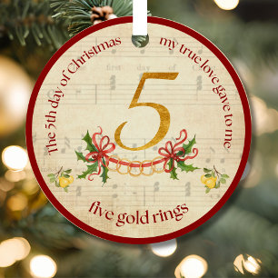 5e kerstdag Vijf Gouden Ringen Metalen Ornament