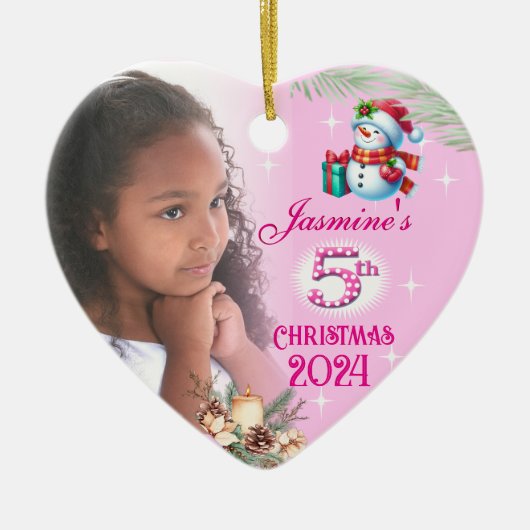 5e Kerstmis Gepersonaliseerde Meisje Foto Hart Gif Keramisch Ornament (Voorkant)
