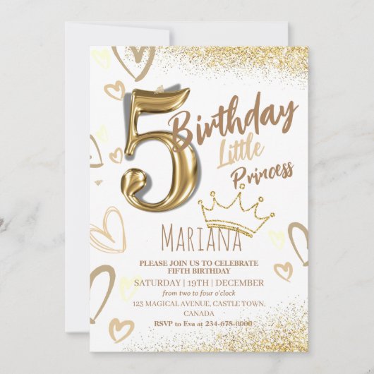 5e kleine prinses gouden glitter koele verjaardag kaart (Voorkant)