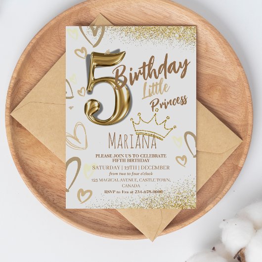 5e kleine prinses gouden glitter koele verjaardag kaart