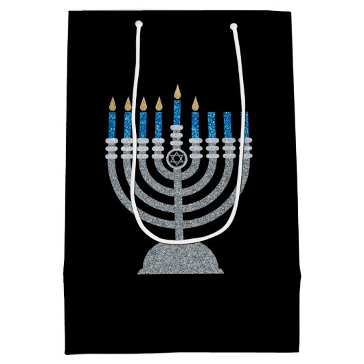 5e nacht van Hanukkah Glitter Medium Gift Bag Medium Cadeauzakje (Achterkant)