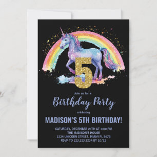 5e Rainbow Unicorn Verjaardag Uitnodigingen