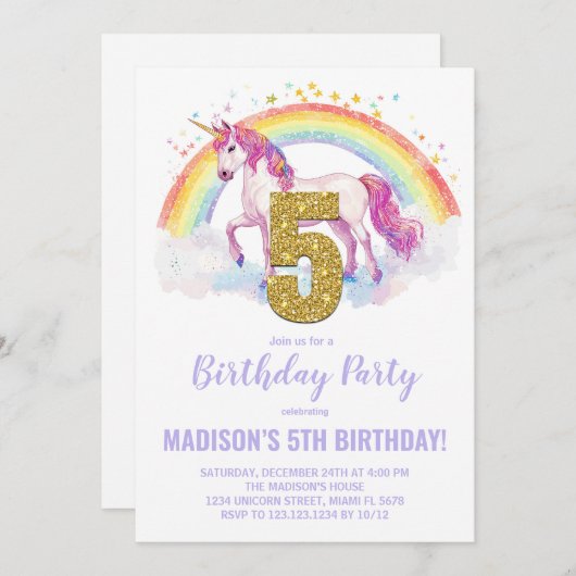 5e Rainbow Unicorn Verjaardag Uitnodigingen (Voorkant / Achterkant)