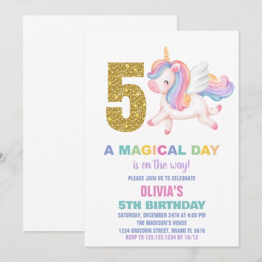 5e Rainbow Unicorn Verjaardag Uitnodigingen (Voorkant / Achterkant)