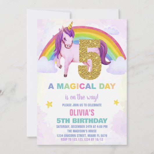 5e Rainbow Unicorn Verjaardag Uitnodigingen Cloud (Voorkant)