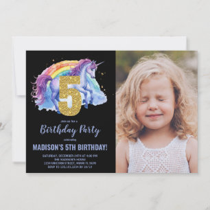 5e Rainbow Unicorn Verjaardag Uitnodigingen foto