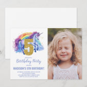 5e Rainbow Unicorn Verjaardag Uitnodigingen foto (Voorkant / Achterkant)