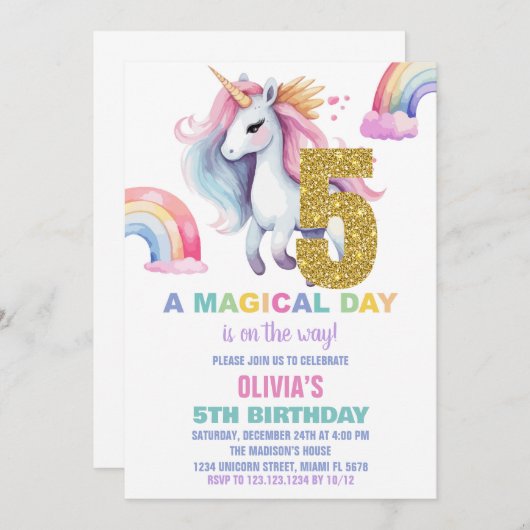 5e Rainbow Unicorn Verjaardag Uitnodigingen Glitte (Voorkant / Achterkant)
