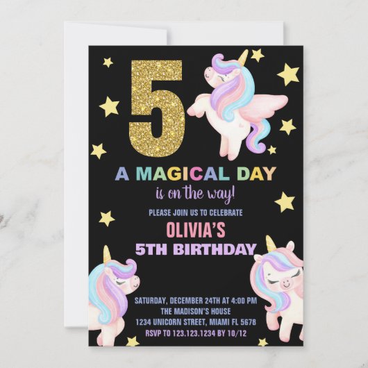 5e Rainbow Unicorn Verjaardag Uitnodigingen Vliege (Voorkant)