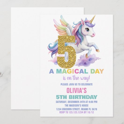 5e Rainbow Unicorn Verjaardag Uitnodigingen Vliege (Voorkant / Achterkant)