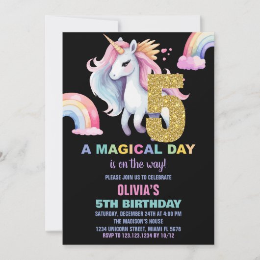 5e Rainbow Unicorn Verjaardag Uitnodigingen Waterc (Voorkant)