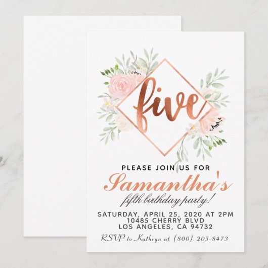 5e Roos Gold Birthday Uitnodiging (Voorkant / Achterkant)