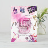 5e roze glam make-up verjaardagsfeestje spa party kaart (Staand voorkant)