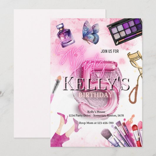 5e roze glam make-up verjaardagsfeestje spa party kaart (Voorkant / Achterkant)