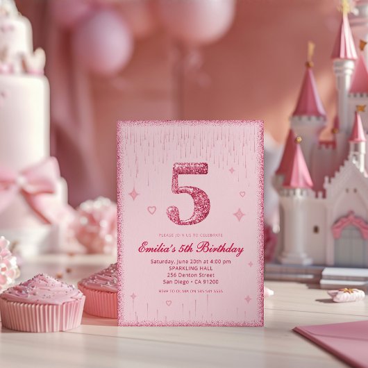 5e Roze Glitter Verjaardag | Fonkel Glitter Kaart