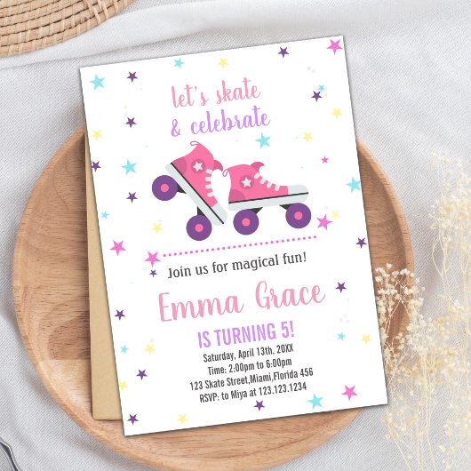 5e roze Paarse schaatsen verjaardagsuitnodigingen Kaart