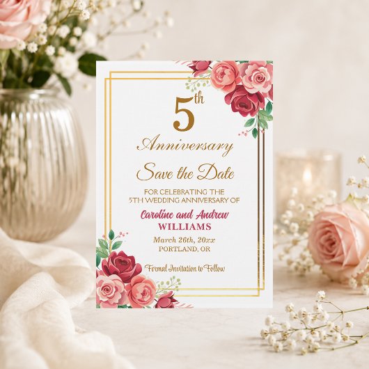 5e trouwdag gouden lijst bloemig save the date