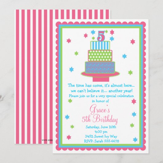 5e uitnodiging van de Birthday Cake Party (Voorkant / Achterkant)