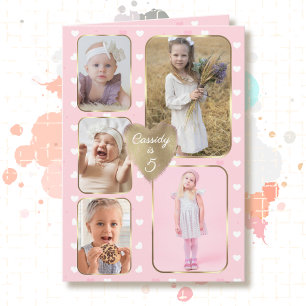 5e verjaardag 5 foto collage gouden roze harten kaart