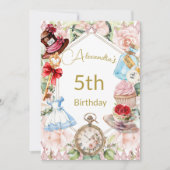 5e Verjaardag Alice in Wonderland Roze Bloemen Kaart (Voorkant)