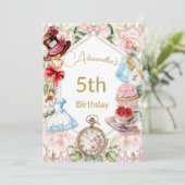 5e Verjaardag Alice in Wonderland Roze Bloemen Kaart (Staand voorkant)
