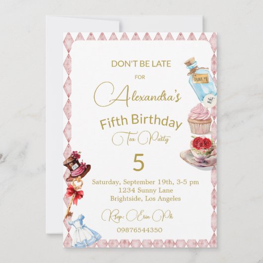 5e Verjaardag Alice in Wonderland Roze Bloemen Kaart (Achterkant)