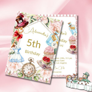 5e Verjaardag Alice in Wonderland Roze Bloemen Kaart