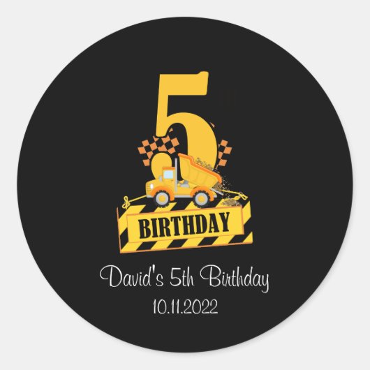 5e verjaardag: Black and Yellow Construction Truck Ronde Sticker (Voorkant)