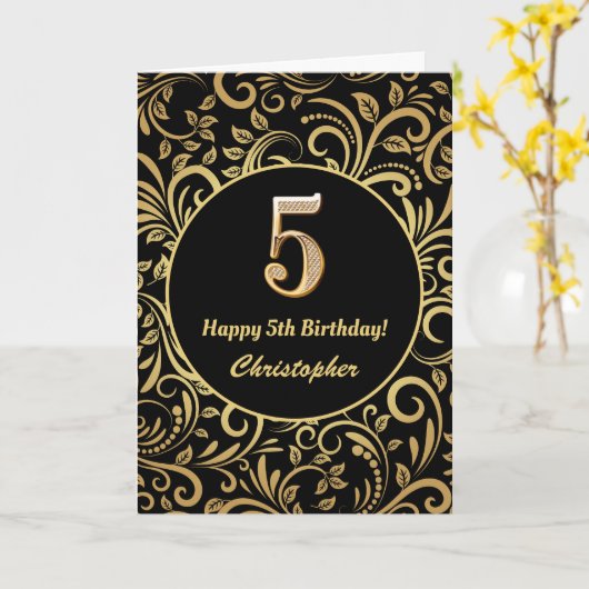 5e verjaardag: Black en Gold Floral Pattern Kaart (Gele Bloem)