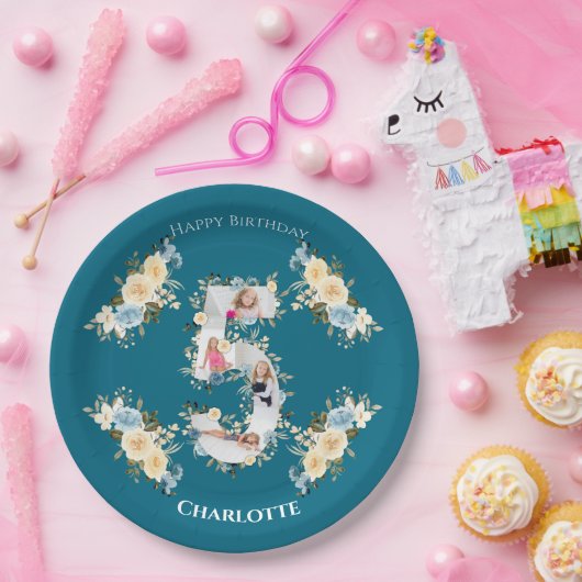 5e verjaardag Blauwgroen foto Collage Blue Yellow  Papieren Bordje (Feest)